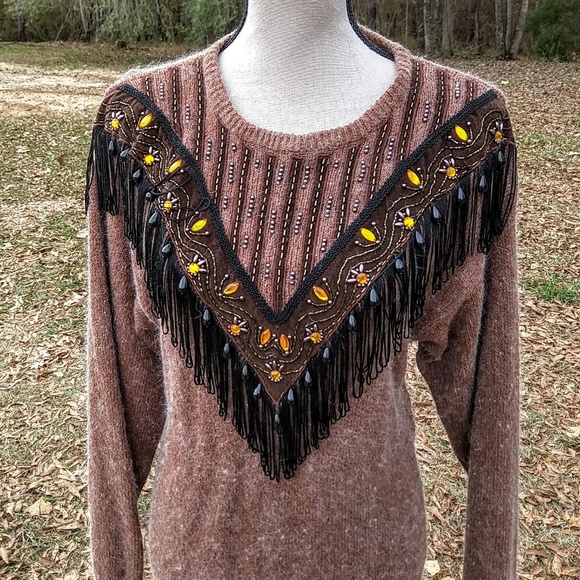 Rauol Fringe Silk Brown LS Embellished  Sz M Dress - Picture 3 of 5
